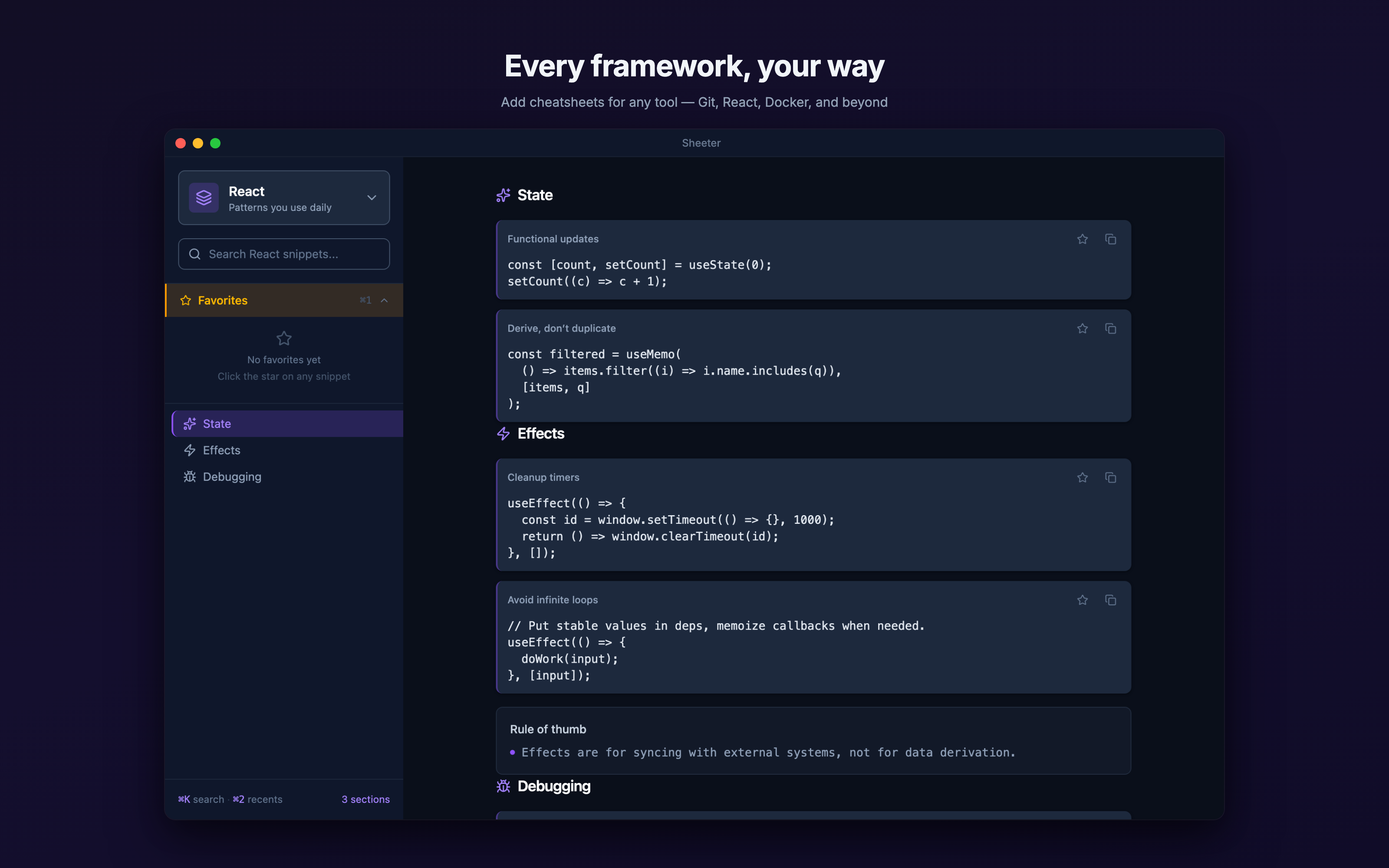 Sheeter main workspace with a React cheatsheet loaded and reusable snippets listed in the center pane.